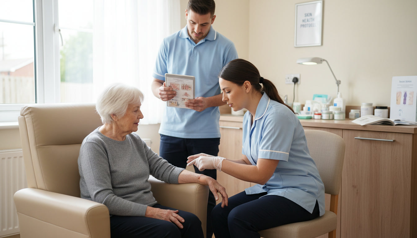 A care worker carrying out a routine skin check as part of pressure sore prevention