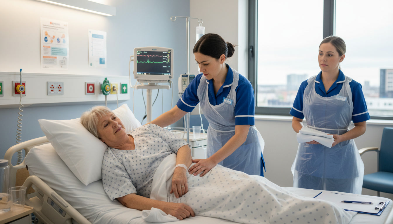 A nurse helping to reposition an older patient in a UK care setting