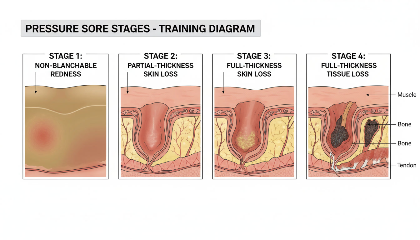 A non graphic medical diagram showing the stages of pressure sore development